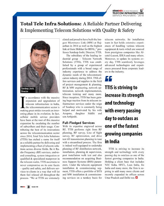 Silicon India Magazine — TTIS Director Sandeep Joshi featured as one of India's top telecom infrastructure providers